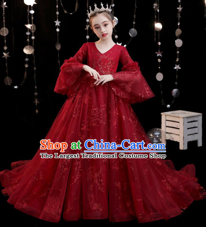 Custom Compere Fashion Clothing Girl Stage Show Red Trailing Dress Catwalks Full Dress Children Birthday Garment