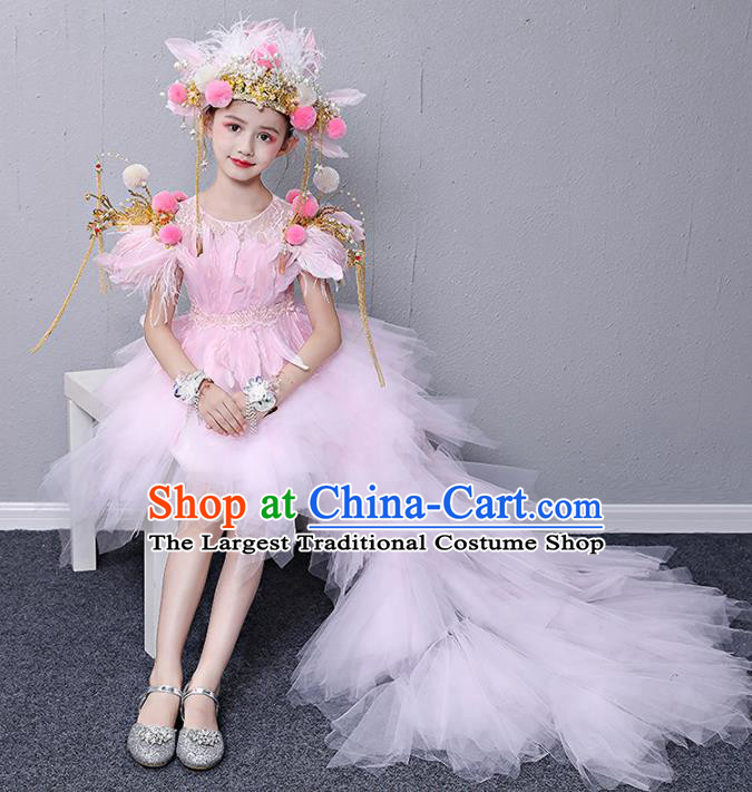 Custom Compere Feather Fashion Clothing Girl Stage Show Pink Veil Trailing Dress Catwalks Full Dress Children Birthday Garment