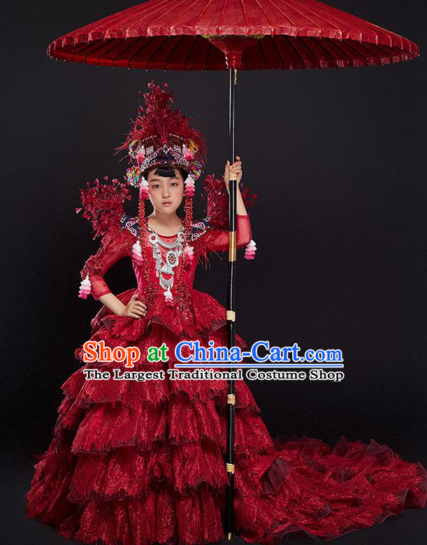 Custom Girl Stage Show Red Trailing Dress Catwalks Princess Full Dress Children Birthday Garment Compere Fashion Clothing