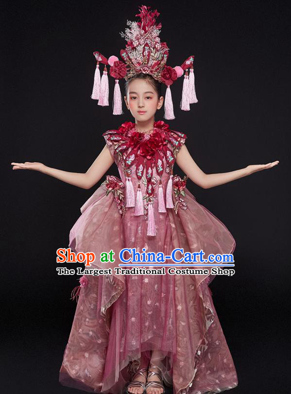 Custom Compere Fashion Clothing Girl Stage Show Pink Dress Catwalks Princess Full Dress Children Birthday Flowers Garment