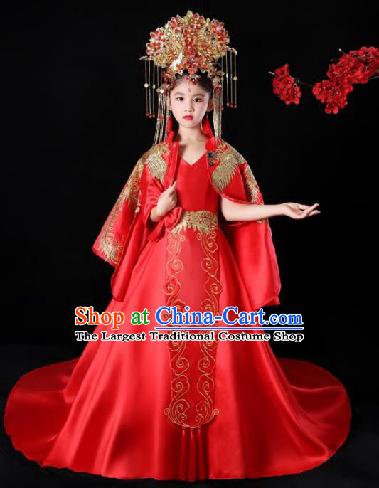 China Children Performance Clothing Classical Dance Red Trailing Dress Compere Garment Costumes Girl Catwalks Fashion