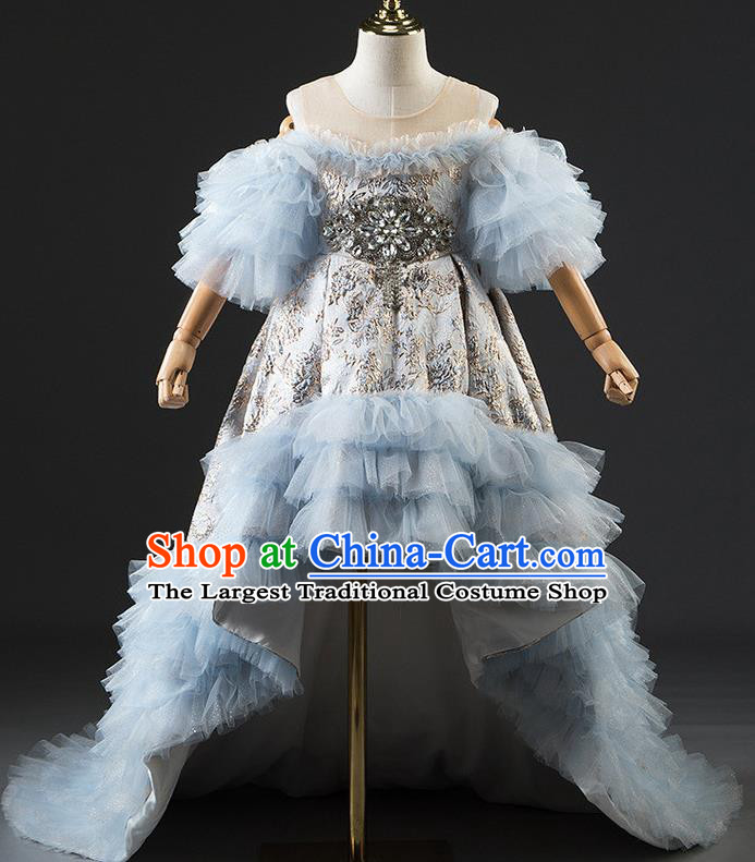 Custom Children Birthday Garment Girl Compere Fashion Clothing Stage Show Blue Trailing Dress Catwalks Full Dress