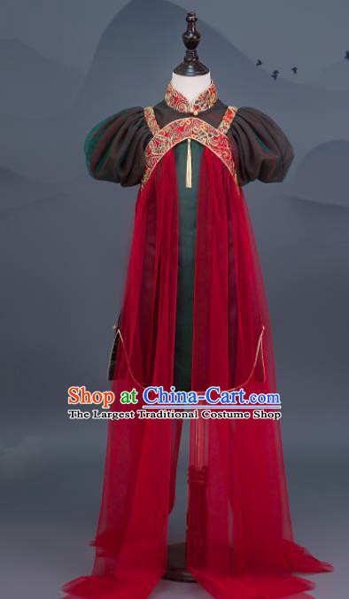 China Catwalks Fashion Costume Children Stage Show Clothing Classical Dance Dark Green Dress Girl Performance Garments