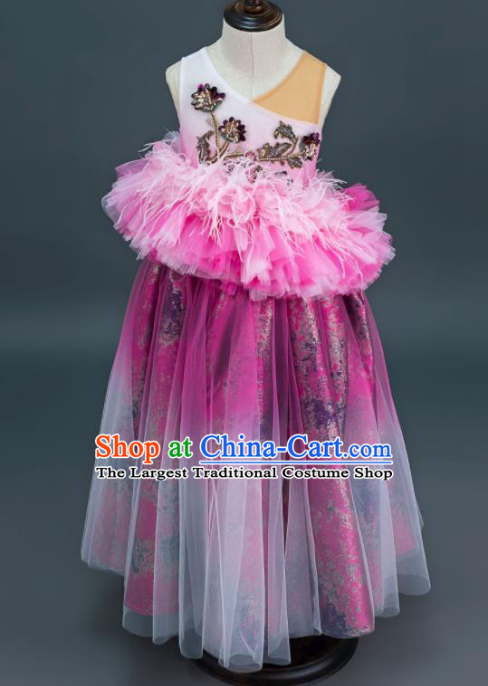 Custom Children Dance Full Dress Kid Birthday Clothing Flowers Fairy Purple Dress Girl Stage Catwalks Fashion