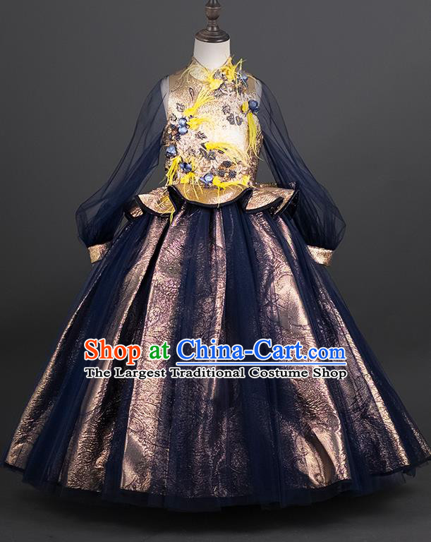 Custom Princess Navy Veil Full Dress Kid Formal Clothing Children Piano Recital Dress Girl Birthday Fashion