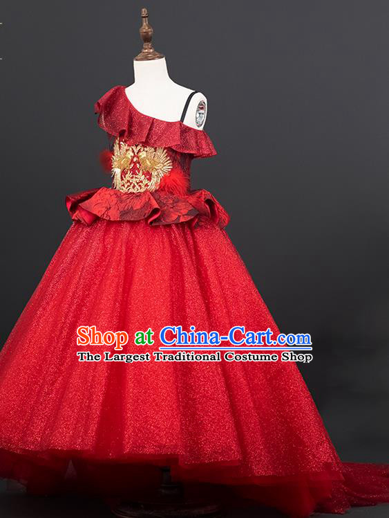 Custom Girl Birthday Fashion Princess Red Veil Full Dress Kid Formal Clothing Children Piano Recital Trailing Dress