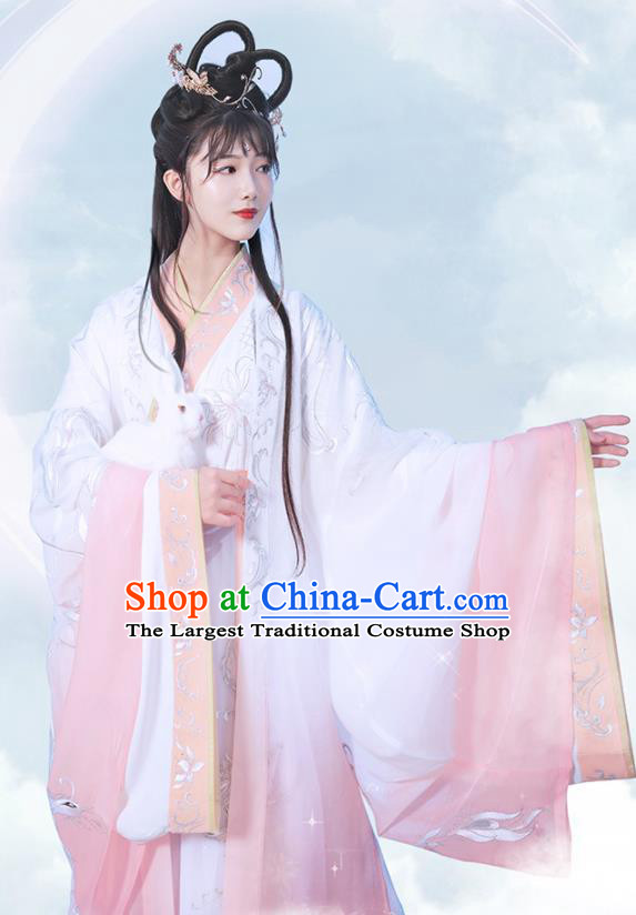 China Traditional Jin Dynasty Court Princess Historical Clothing Ancient Moon Goddess Pink Hanfu Dress for Women