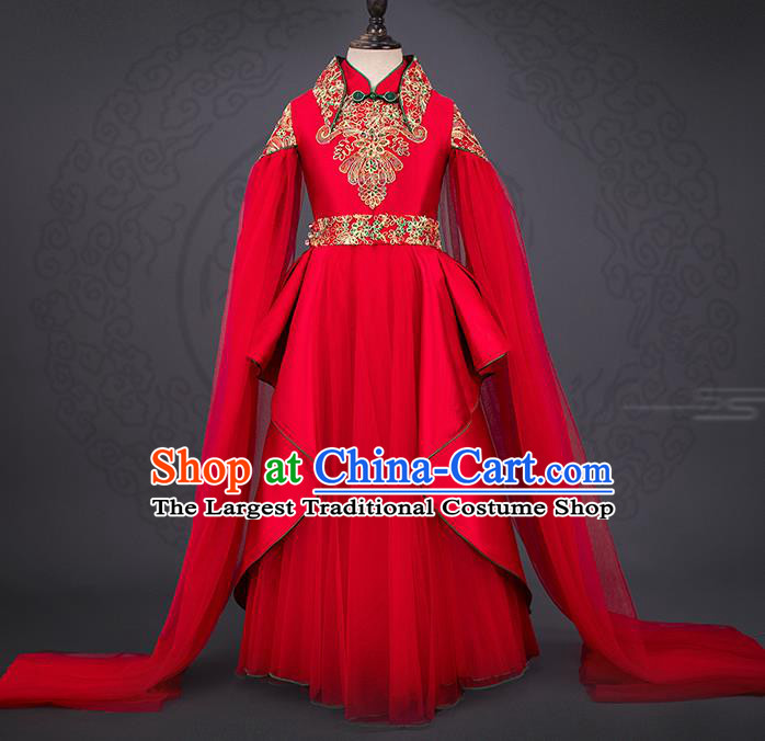 China Children Tang Suits Catwalks Red Dress Stage Performance Clothing Girl Classical Dance Garment Costume