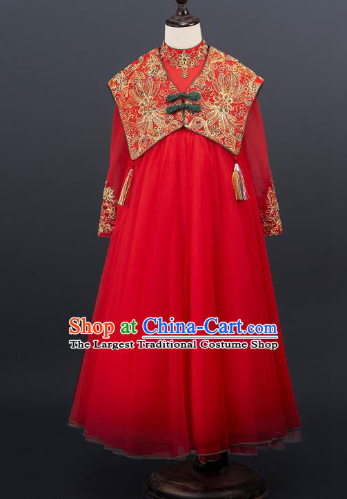 China Girl Classical Dance Garment Costume Children Tang Suits Catwalks Red Dress Stage Performance Clothing