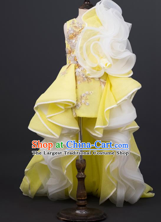 Professional Stage Show Yellow Full Dress Modern Dance Clothing Girl Compere Garment Children Catwalks Fashion Costume