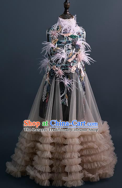 Professional Stage Show Grey Full Dress Girl Modern Dance Clothing Little Model Garment Children Catwalks Fashion Costume