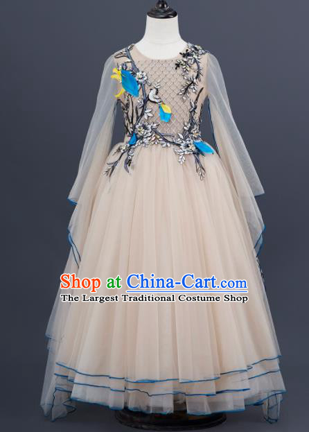 Professional Modern Dance Clothing Girl Princess Garment Children Catwalks Fashion Costume Stage Show Beige Full Dress