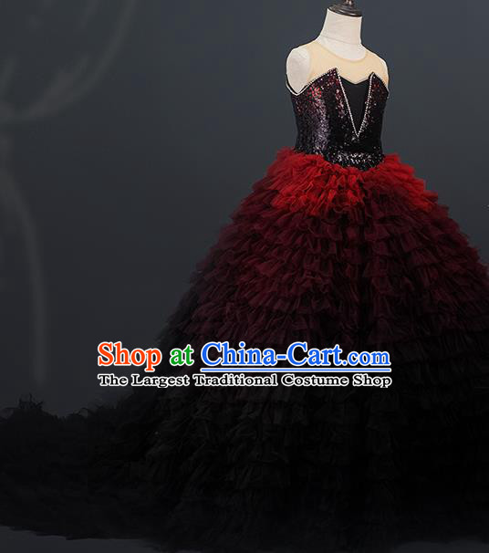 Professional Children Catwalks Fashion Costume Stage Show Red Trailing Full Dress Girl Modern Dance Clothing Baroque Princess Garment