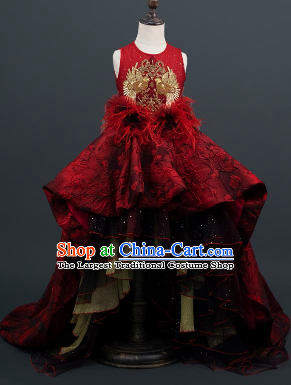 Professional Girl Dance Fashion Costume Stage Show Clothing Baroque Princess Garment Children Catwalks Red Lace Trailing Full Dress