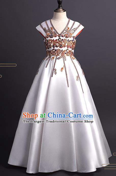 Professional Children Catwalks White Satin Full Dress Girl Piano Recital Garment Costume Stage Show Clothing Princess Fashion