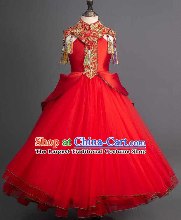 China Children Catwalks Fashion Girl Red Veil Full Dress Stage Performance Clothing Classical Dance Garment Costume