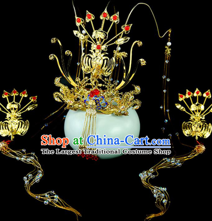 Chinese Traditional Ming Dynasty Empress Hair Accessories Ancient Court Woman Golden Phoenix Hair Crown and Hairpins