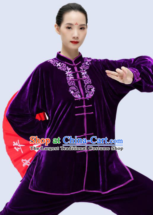 China Kung Fu Embroidered Purple Pleuche Uniforms Martial Arts Competition Outfits Wushu Garment Costumes Tai Chi Sword Clothing