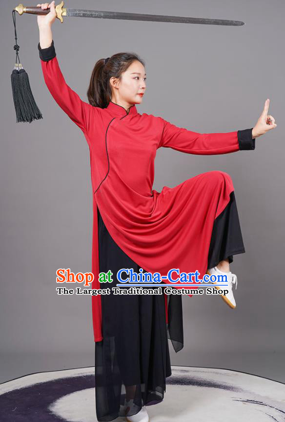 China Kung Fu Gongfu Clothing Martial Arts Wushu Red Robe Outfits Tai Ji Competition Costumes Tai Chi Uniforms