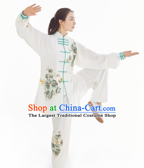 Professional Chinese Kung Fu Training Painting Flowers White Uniforms Tai Chi Competition Suits Martial Arts Performance Clothing