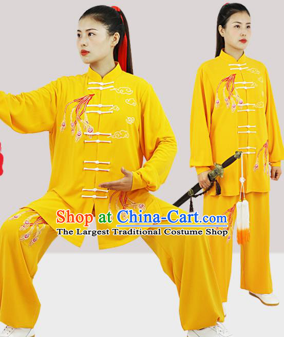 Professional Chinese Tai Chi Costumes Kung Fu Wushu Embroidered Phoenix Uniforms Tai Ji Competition Yellow Suits Martial Arts Performance Clothing