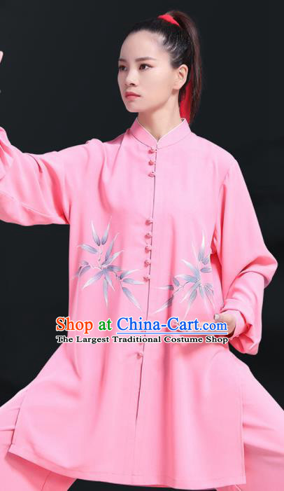 Professional Chinese Tai Ji Competition Clothing Martial Arts Printing Bamboo Leaf Pink Outfits Tai Chi Costumes Kung Fu Performance Uniforms