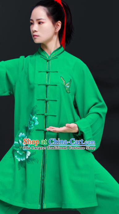 Professional Chinese Tai Chi Training Costumes Kung Fu Uniforms Tai Ji Sword Performance Clothing Martial Arts Printing Peony Green Outfits