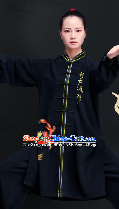 Professional Chinese Tai Ji Printing Fish Black Outfits Tai Chi Training Uniforms Kung Fu Costumes Martial Arts Performance Clothing