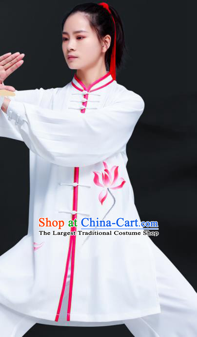 Professional Chinese Martial Arts Performance Clothing Tai Ji Printing Lotus White Outfits Tai Chi Training Uniforms Kung Fu Costumes