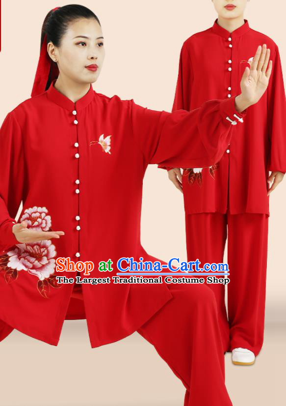 Professional Chinese Tai Ji Competition Suits Martial Arts Clothing Kung Fu Tai Chi Costumes Wushu Hand Painting Peony Red Uniforms