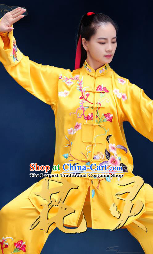 Chinese Martial Arts Embroidered Clothing Tai Ji Competition Costumes Tai Chi Training Uniforms Kung Fu Yellow Silk Outfits