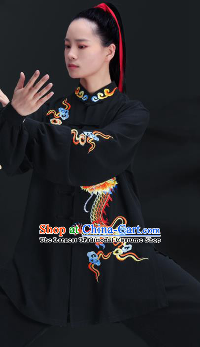 Chinese Martial Arts Embroidered Dragon Clothing Tai Ji Competition Costumes Tai Chi Training Uniforms Kung Fu Black Outfits