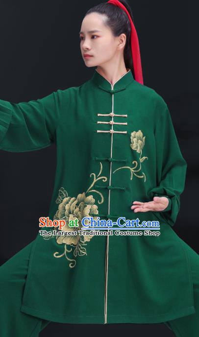 Chinese Tai Chi Training Uniforms Hand Painting Peony Green Outfits Martial Arts Clothing Kung Fu Competition Costumes