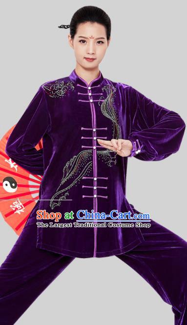 Chinese Kung Fu Garment Costumes Tai Chi Training Uniforms Wushu Competition Purple Pleuche Outfits Martial Arts Clothing