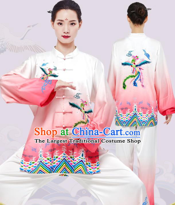 Chinese Tai Chi Printing Phoenix Pink Uniforms Wushu Competition Outfits Martial Arts Kung Fu Clothing Tai Ji Sword Garment Costumes