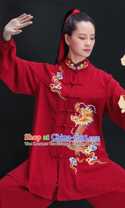 Chinese Tai Ji Competition Costumes Tai Chi Training Uniforms Kung Fu Red Outfits Martial Arts Embroidered Dragon Clothing