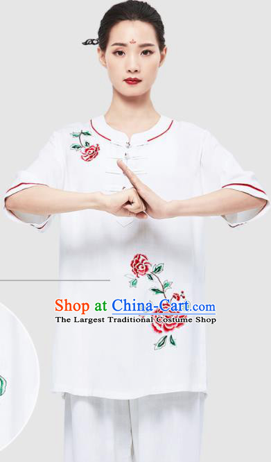 Chinese Kung Fu Painting Rose White Uniforms Wushu Competition Garment Costumes Martial Arts Clothing Tai Chi Clothing