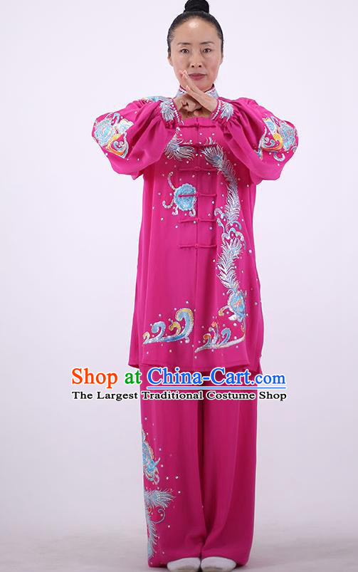 China Kung Fu Performance Costumes Tai Chi Uniforms Wushu Group Competition Clothing Martial Arts Embroidered Rosy Outfits