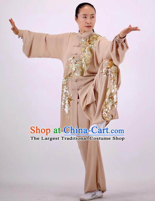 China Martial Arts Group Competition Clothing Wushu Show Outfits Kung Fu Embroidered Phoenix Costumes Tai Chi Chuan Khaki Uniforms