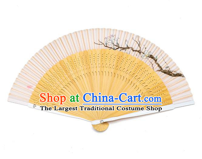 Handmade Chinese Female Silk Accordion Craft Fans Ink Painting Mangnolia Folding Fan Bamboo Fan