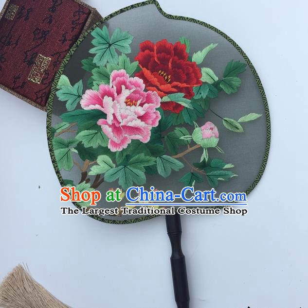 China Traditional Palace Fan Classical Cheongsam Dance Fans Suzhou Embroidery Peony Silk Fan Handmade Peach Shape Fan