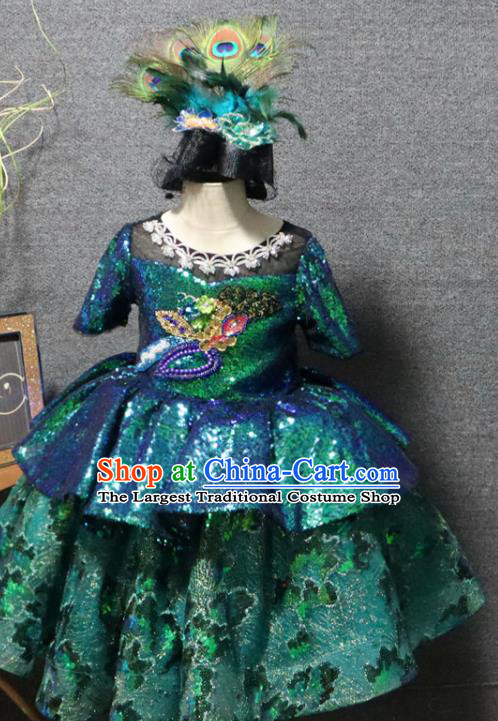 Top Girl Chorus Garment Catwalks Green Sequins Dress Christmas Party Formal Evening Wear Children Day Performance Clothing