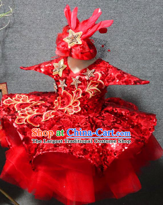 Top Children Day Performance Clothing Girl Chorus Garment Catwalks Red Sequins Dress Christmas Party Formal Evening Wear