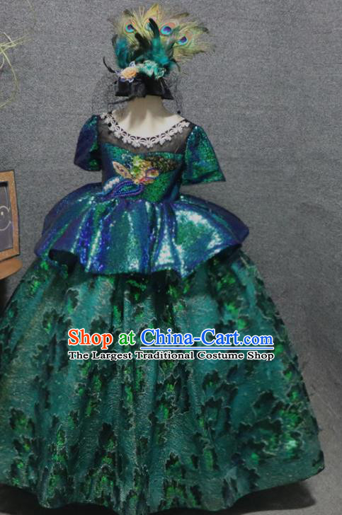 Top Catwalks Green Sequins Full Dress Christmas Formal Evening Wear Children Day Performance Clothing Girl Chorus Garment