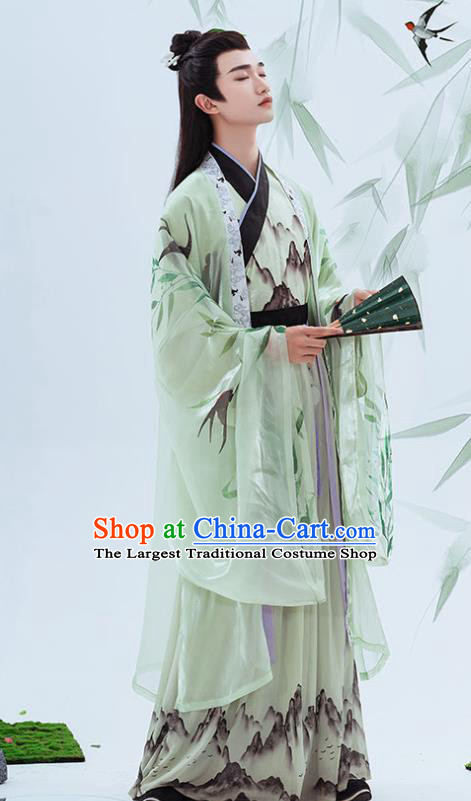 China Traditional Jin Dynasty Young Childe Printing Green Hanfu Clothing Ancient Swordsman Historical Garment Costumes Full Set