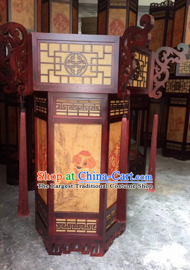 China Classical Wood Carving Lanterns Handmade Painting Dog Palace Lantern Traditional Hexagon Light Lamp Spring Festival Hanging Lantern