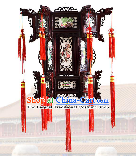 China Traditional Court Light Lamp Eight Immortals Painting Hanging Lantern Classical Wood Carving Lanterns Handmade Hexagon Palace Lantern