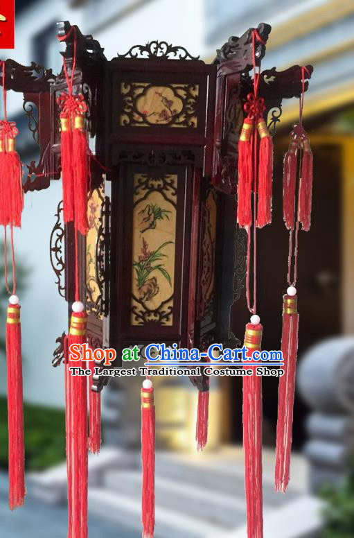 China Traditional Festival Light Lamp Handmade Wood Hanging Lantern Classical Hexagon Lanterns Vintage Painting Plum Orchids Bamboo Chrysanthemum Palace Lantern