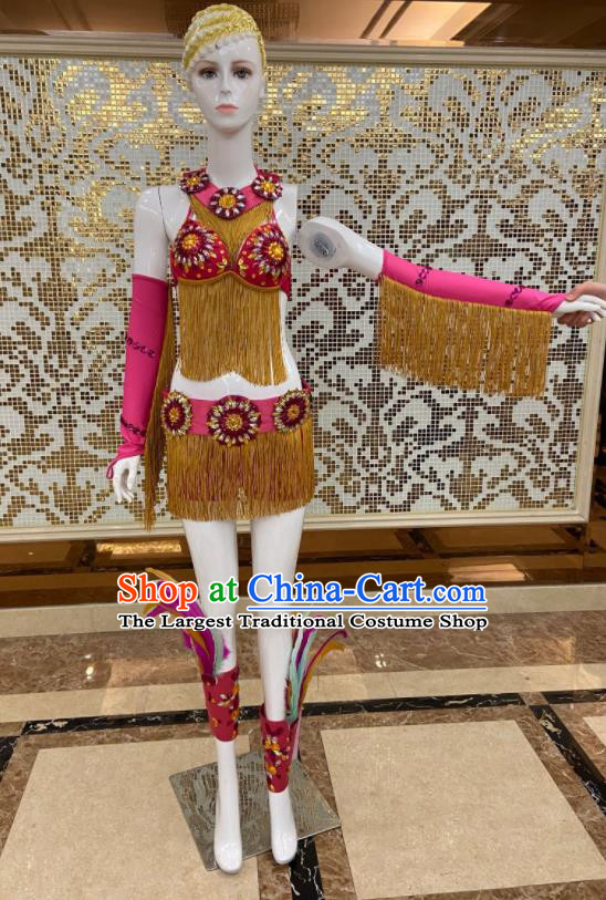 Custom Samba Dance Rosy Uniforms Brazilian Carnival Costumes Professional Catwalks Clothing Woman Tassel Swimsuits