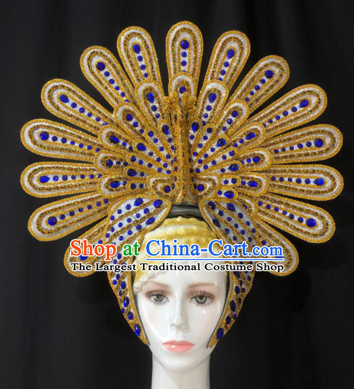 Handmade Samba Dance Golden Peacock Royal Crown Stage Show Hair Accessories Halloween Deluxe Headwear Brazil Carnival Giant Headpiece